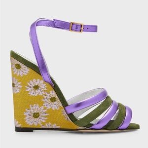 $940 LA DoubleJ Made in Italy Suede Leather Floral Ankle Strap Wedge Sandals